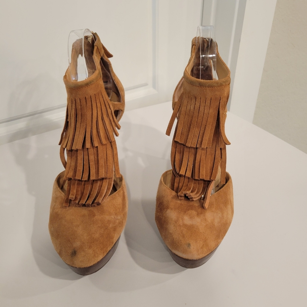ELAINE TURNER TAN FRINGE SUEDE ZIPPER BACK WEDGES SIZE 9.5 - Picture 8 of 12